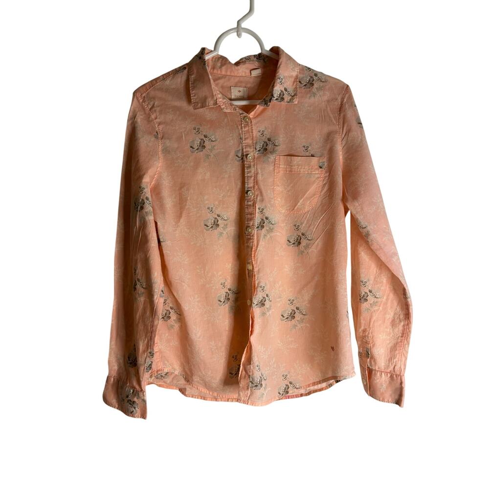 Dockers Button Down Shirt Womens Size L Pastel Floral Coral Pink Blouse Top